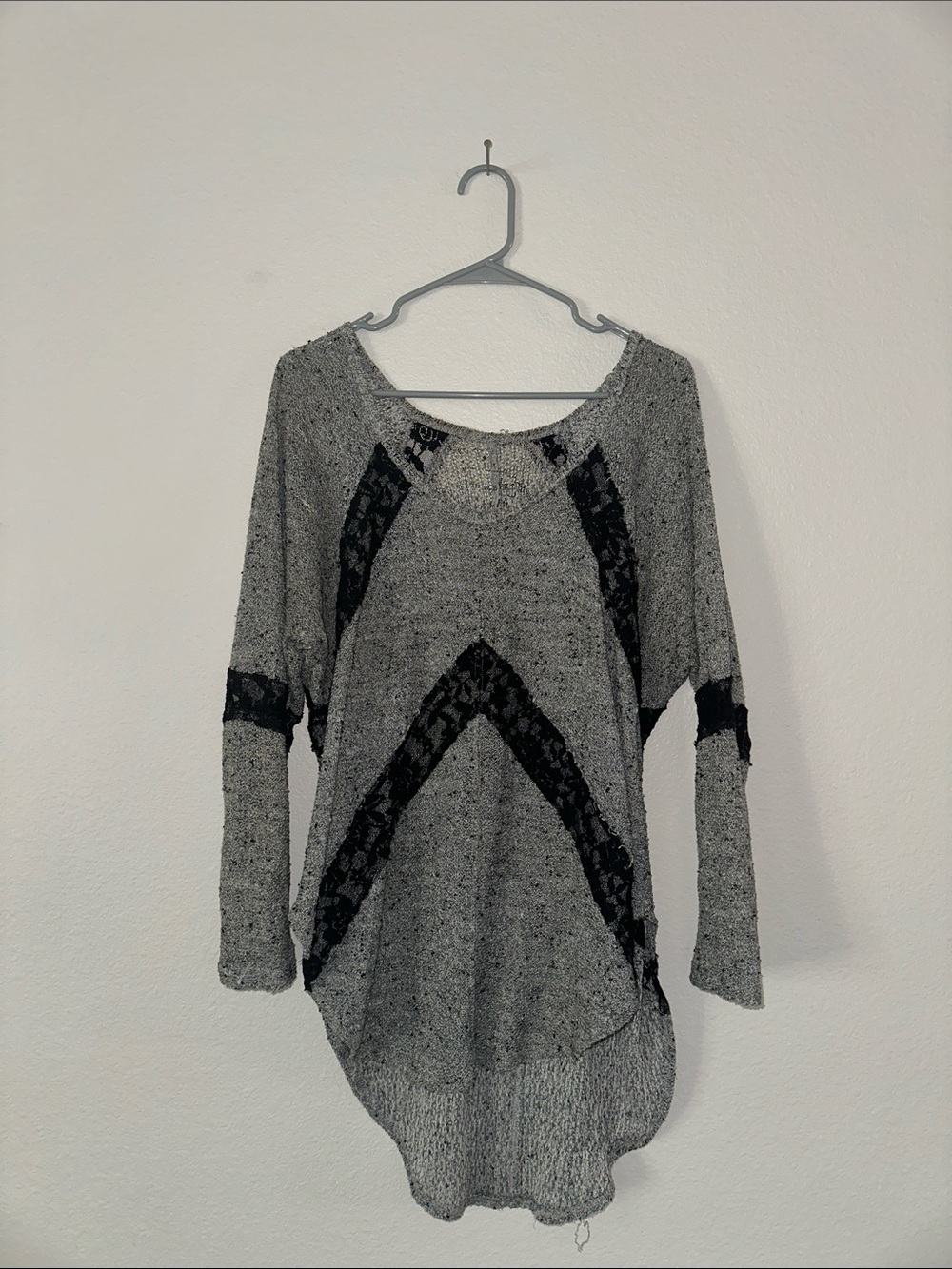 Free People Women’s Flying V Hacci Sweater Gray Black Lace Size Large